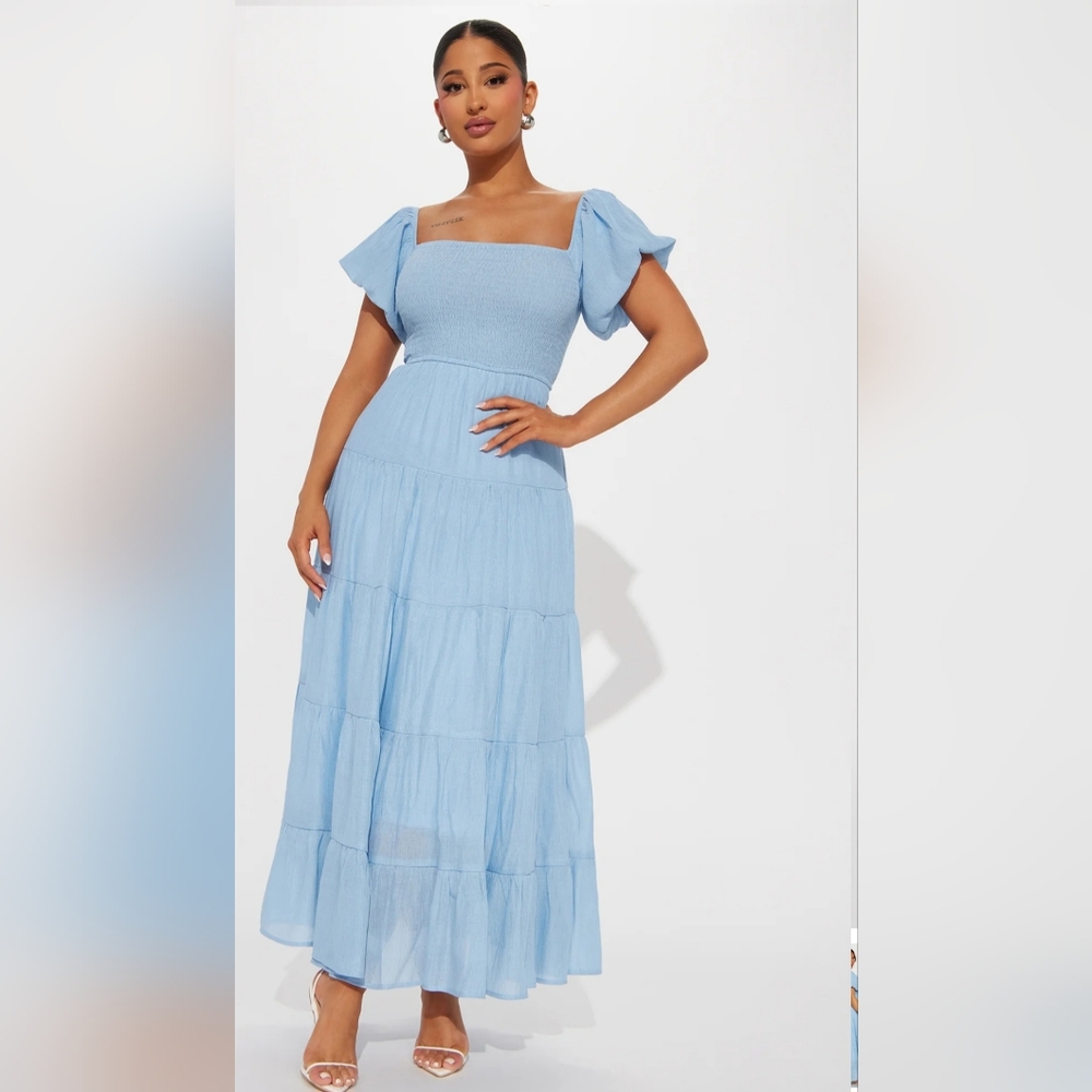 Fashion Nova Light Blue Maxi Dress with Puff Sleeves